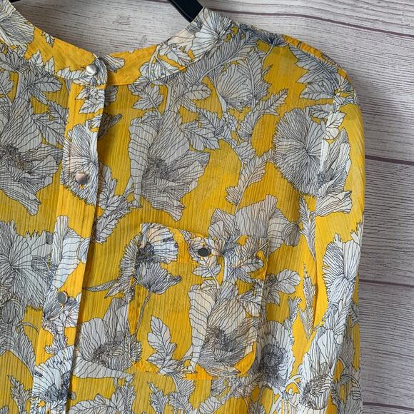Liz Claiborne Yellow Sketch Floral Blouse Sheer Long Roll Tab Sleeves Size L - Picture 15 of 16